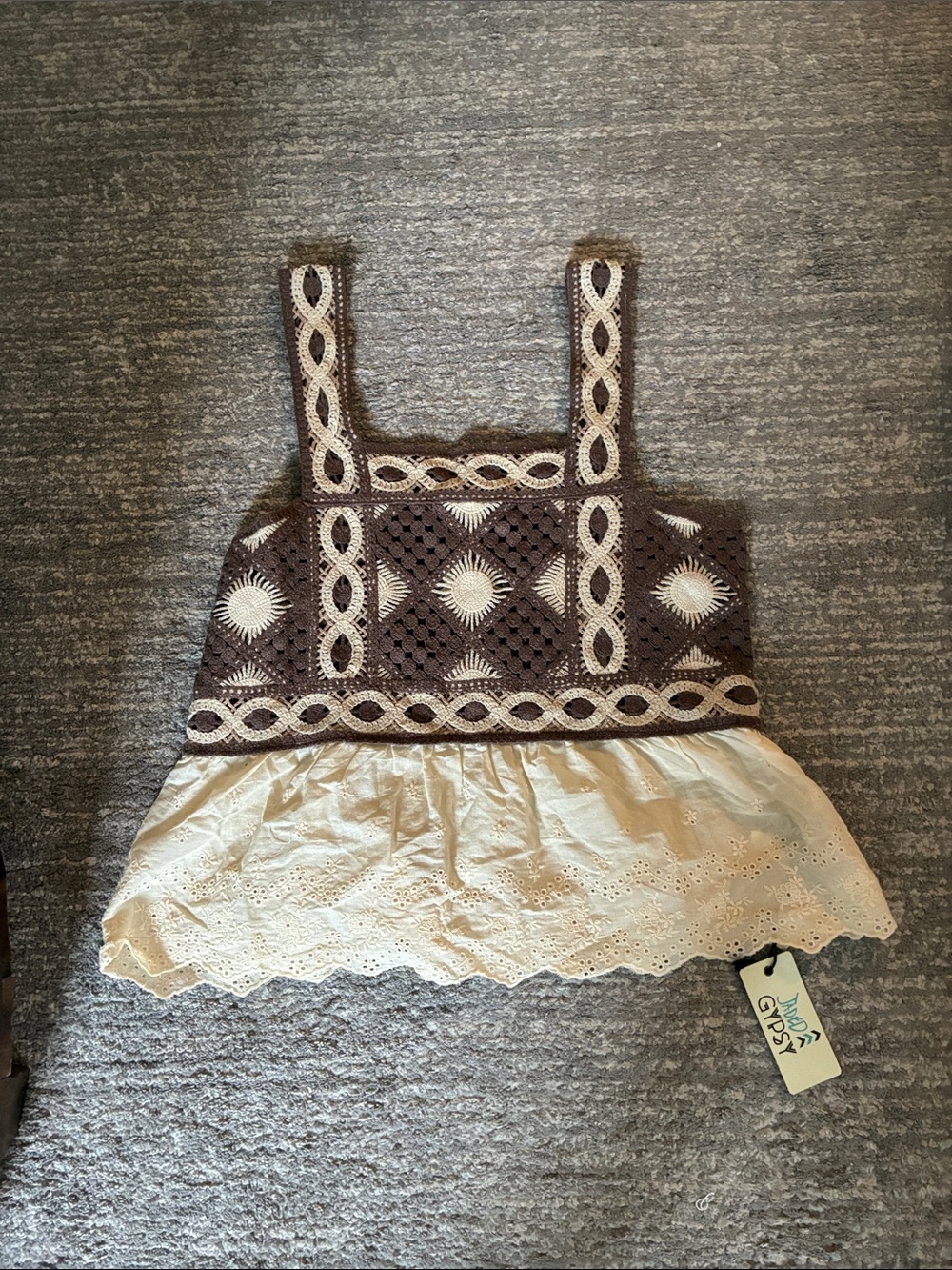Jaded Gypsy Brown/Ivory Crochet and Eyelet Top